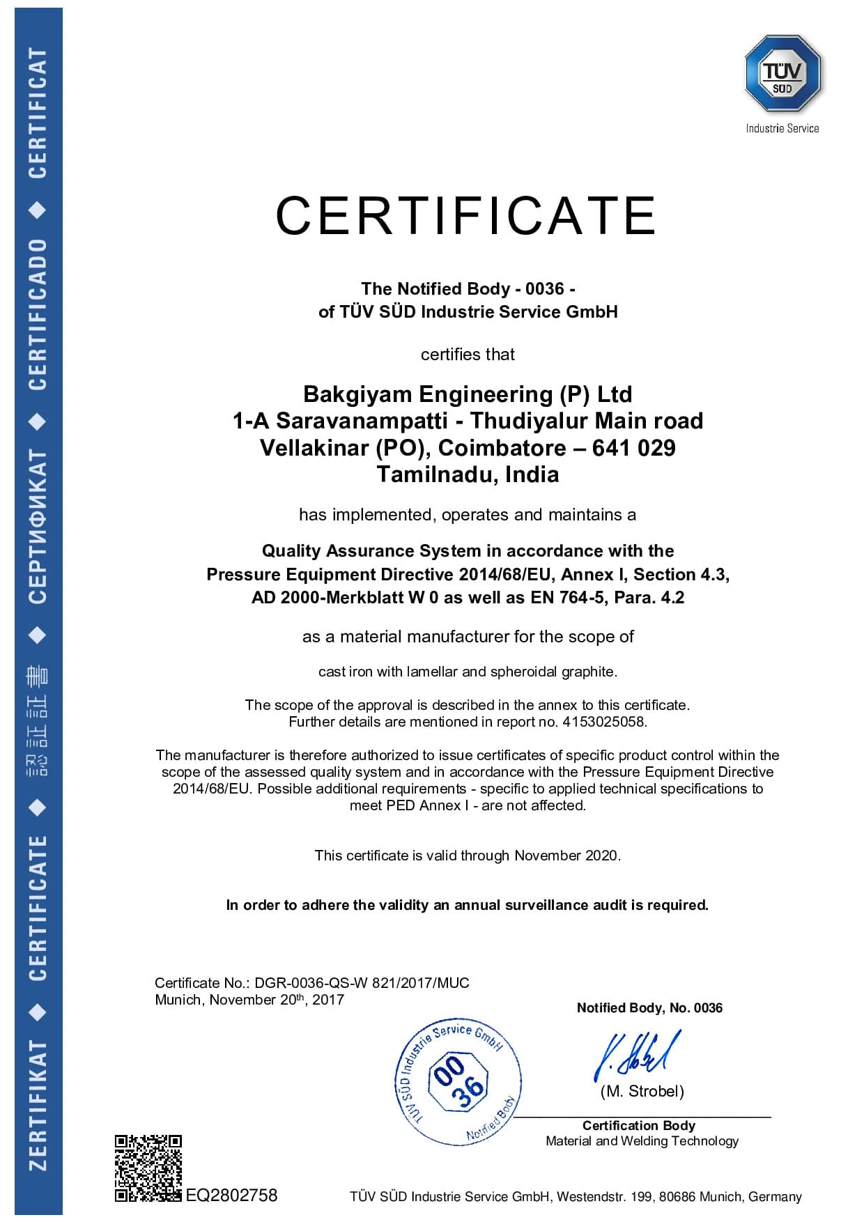 Cast Iron Foundry Certificate - Bakgiyam Engineering